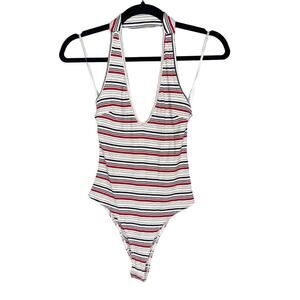 New Wild Honey M White Red Black Striped Halter Ribbed Low Back Bodysuit Cotton